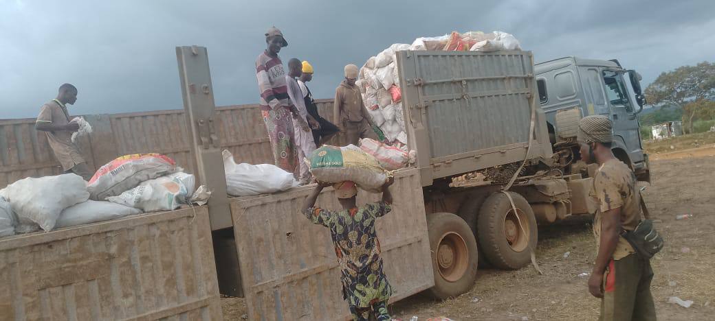 Haulage truck loaded with mineral bags