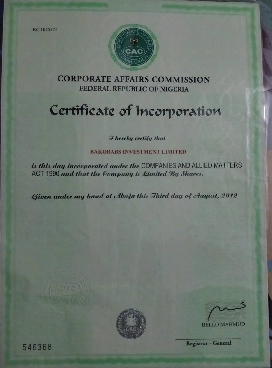 CAC Certificate of Incorporation for Bakobabs Investment Limited