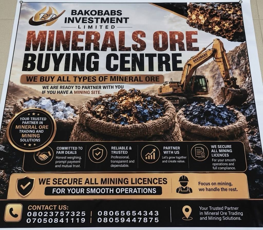 Official BAKOBABS Minerals Ore Buying Centre billboard