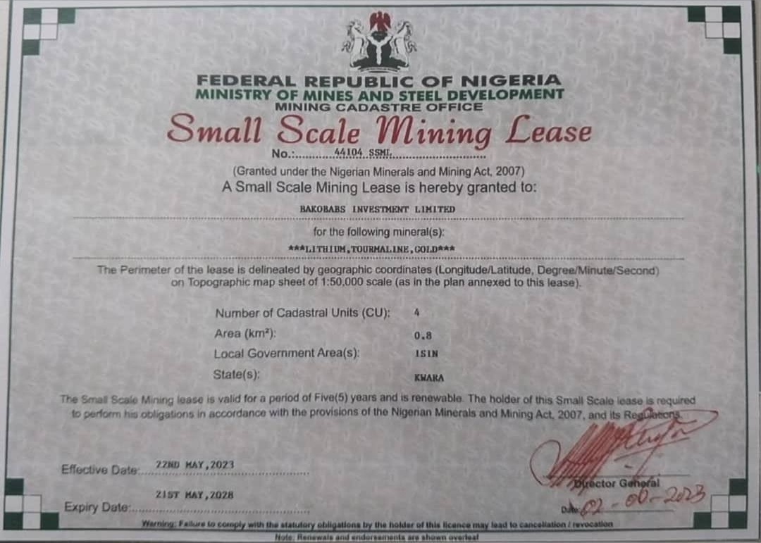 Small Scale Mining Lease No 44104 Kwara State