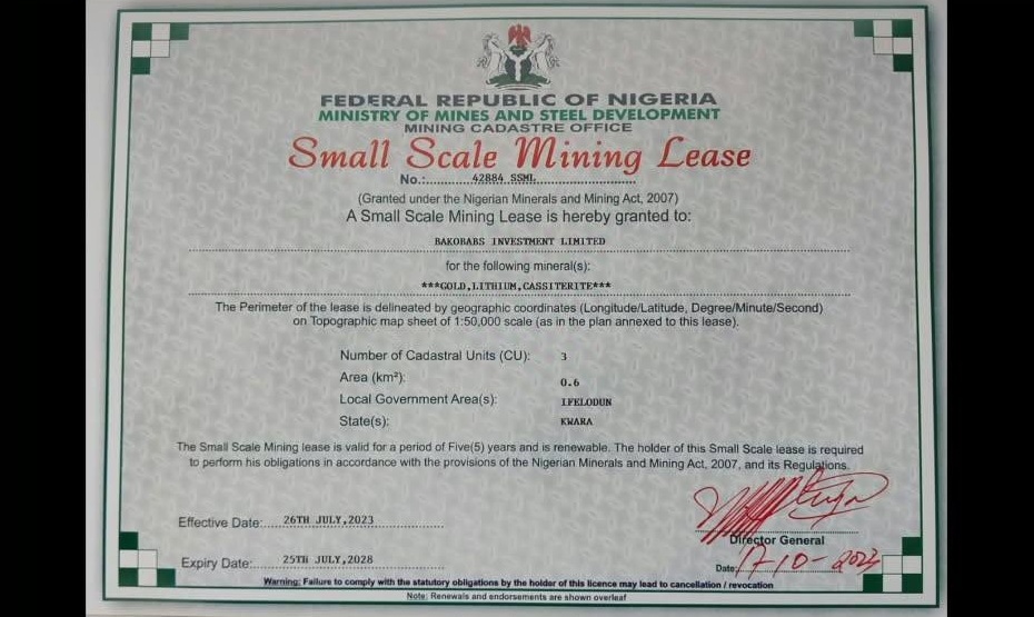 Small Scale Mining Lease No 42884 Kwara State